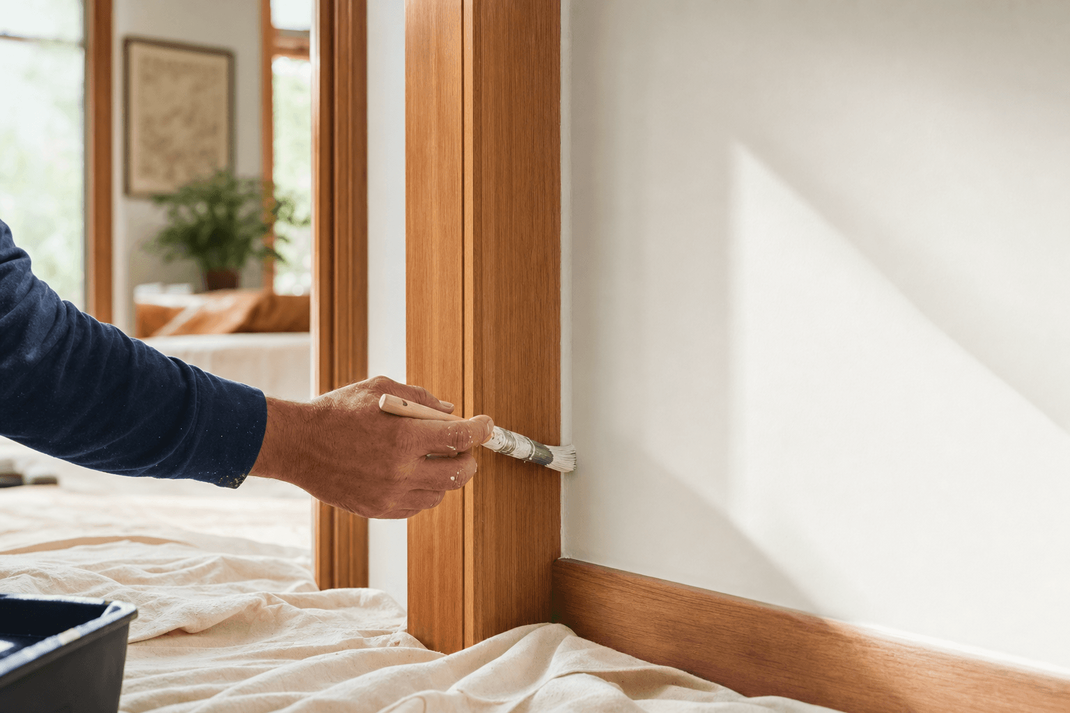 A clean paint touch-up being completed around an interior doorway