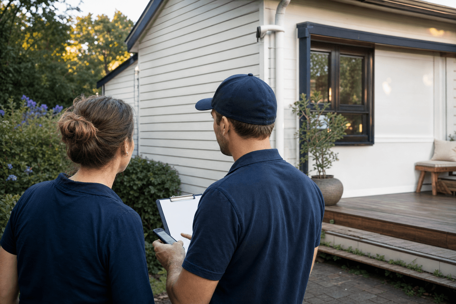 A property owner and tradesperson discussing maintenance work